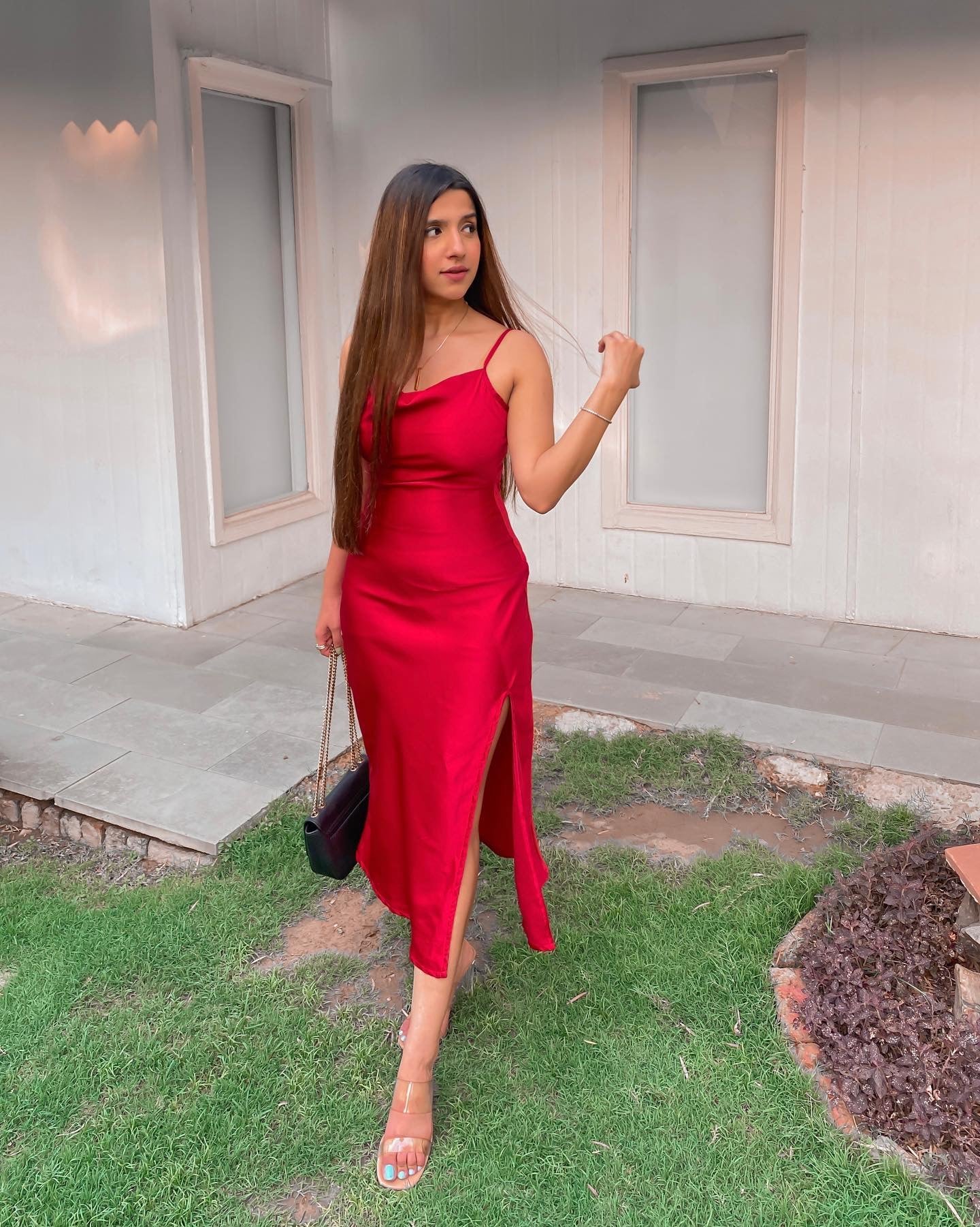 Red Slit Satin Party Wear Dress