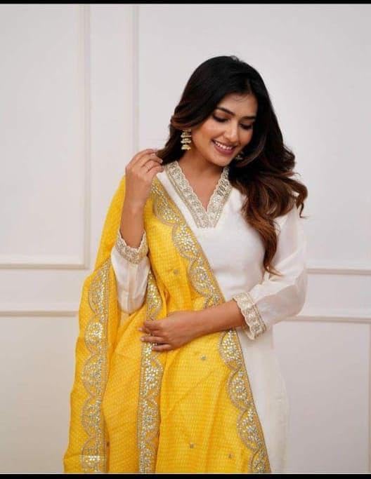 Yellow Dupatta With White Kurta & Pant