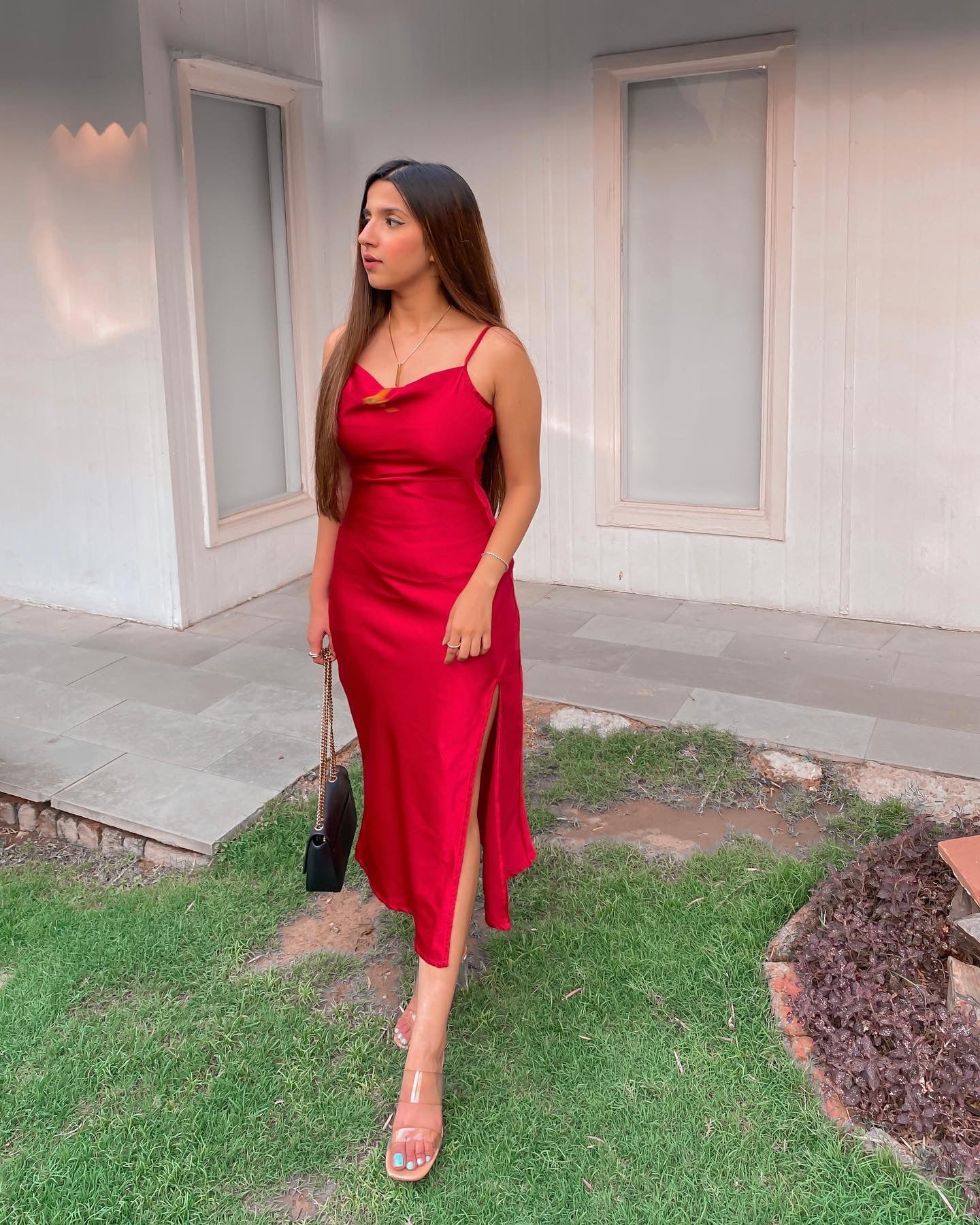 Red Slit Satin Party Wear Dress