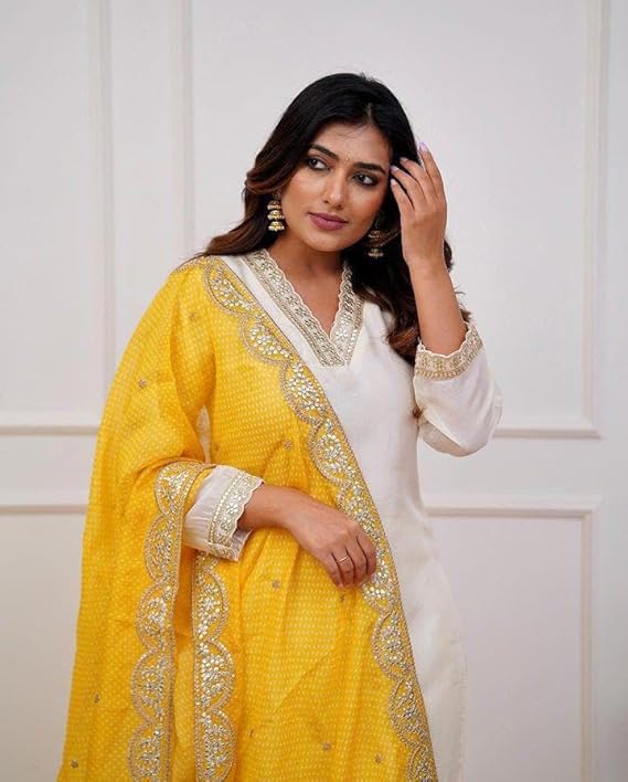 Yellow Dupatta With White Kurta & Pant