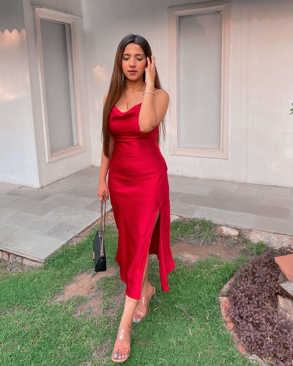 Red Slit Satin Party Wear Dress