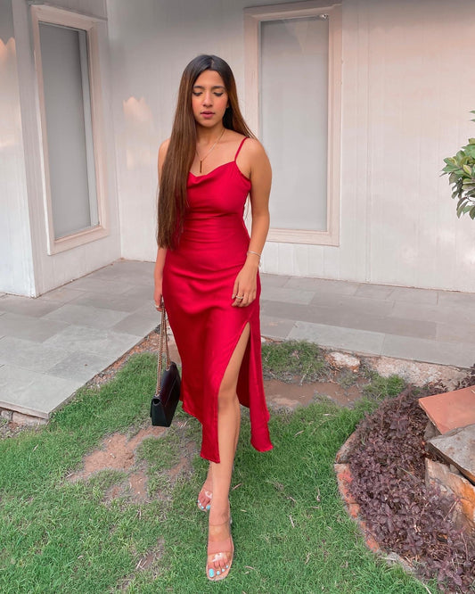 Red Slit Satin Party Wear Dress