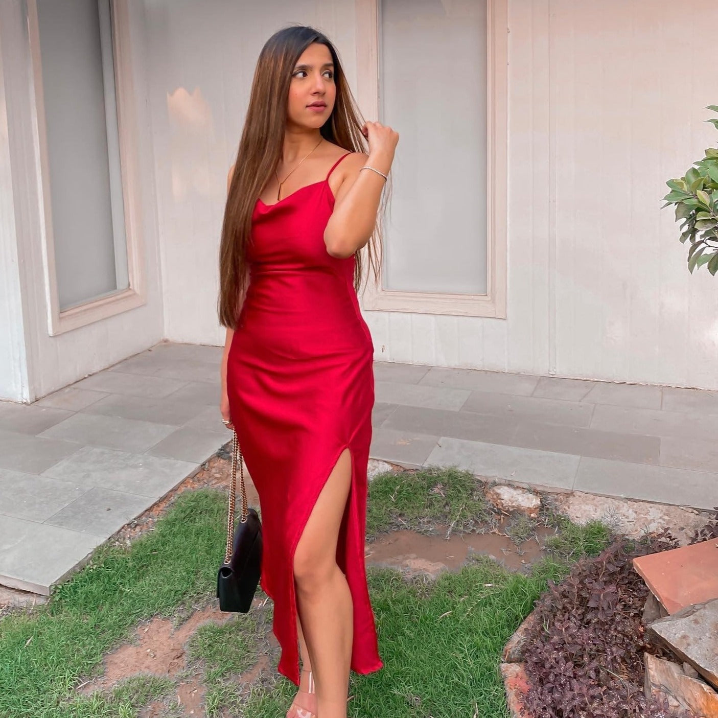 Red Slit Satin Party Wear Dress