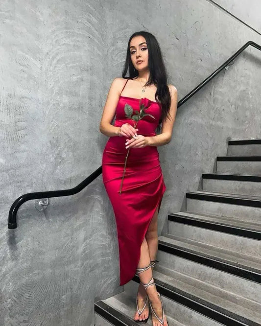 Red Rose Slit Dress For Women