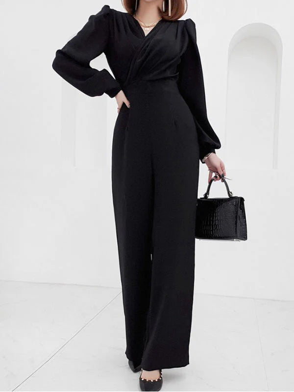 V Neck Wide Leg Long Sleeve Black Jumpsuit