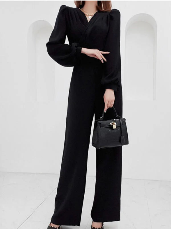 V Neck Wide Leg Long Sleeve Black Jumpsuit