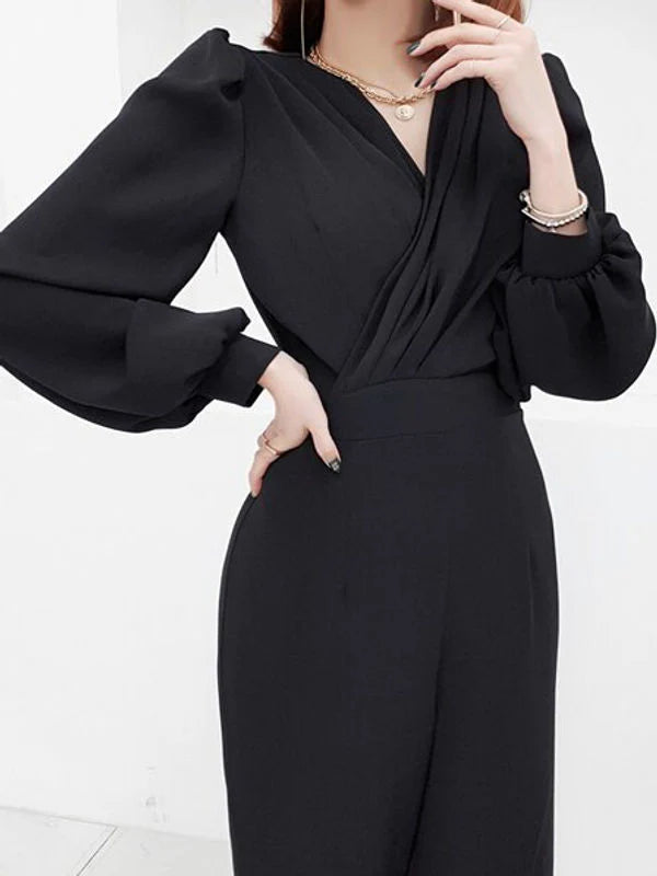 V Neck Wide Leg Long Sleeve Black Jumpsuit