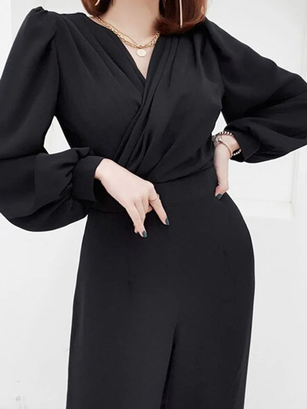 V Neck Wide Leg Long Sleeve Black Jumpsuit