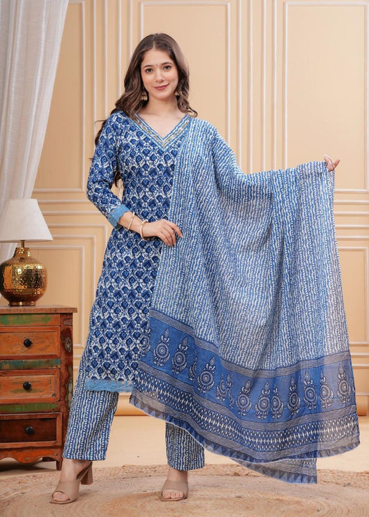 Blue Printed Cotton Suit