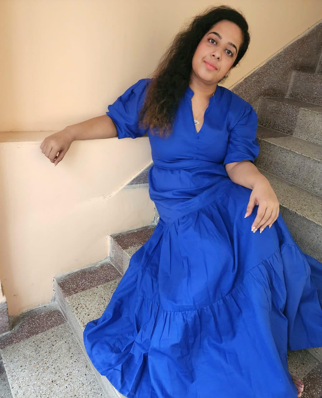 Set Of Royal Blue Maxi Dress With Free Anklet and Earing