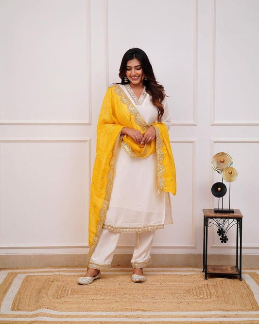 Yellow Dupatta With White Kurta & Pant