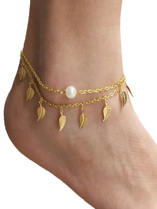 Pearl And Leaf Anklet