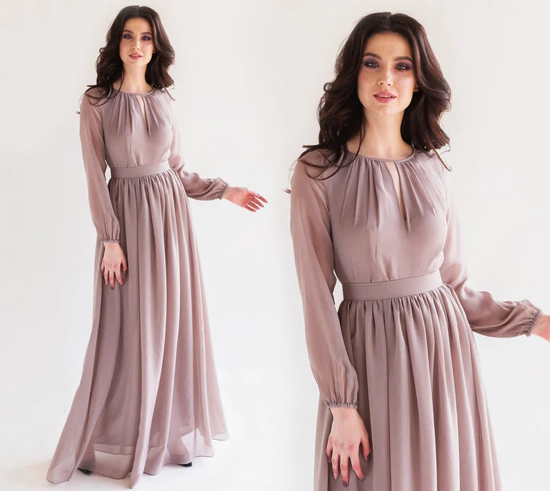 Flowy Emerald Long Sleeves Chiffon Dress