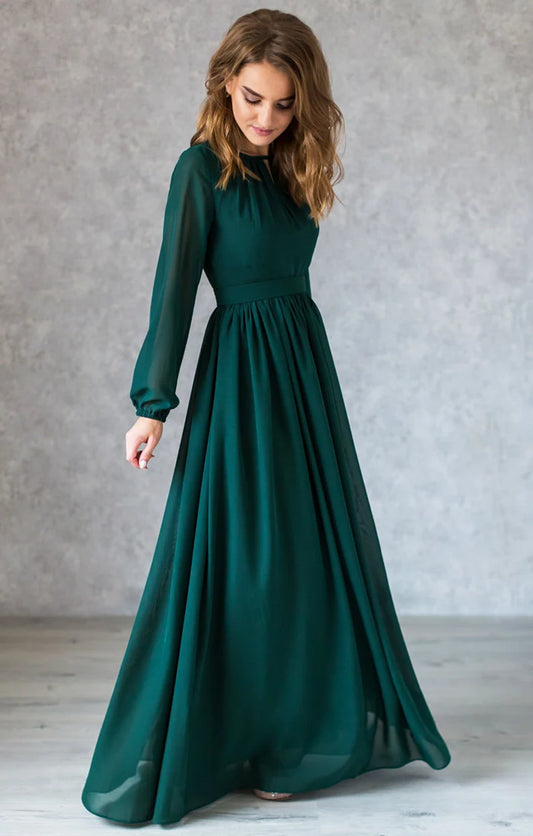 Flowy Emerald Long Sleeves Chiffon Dress