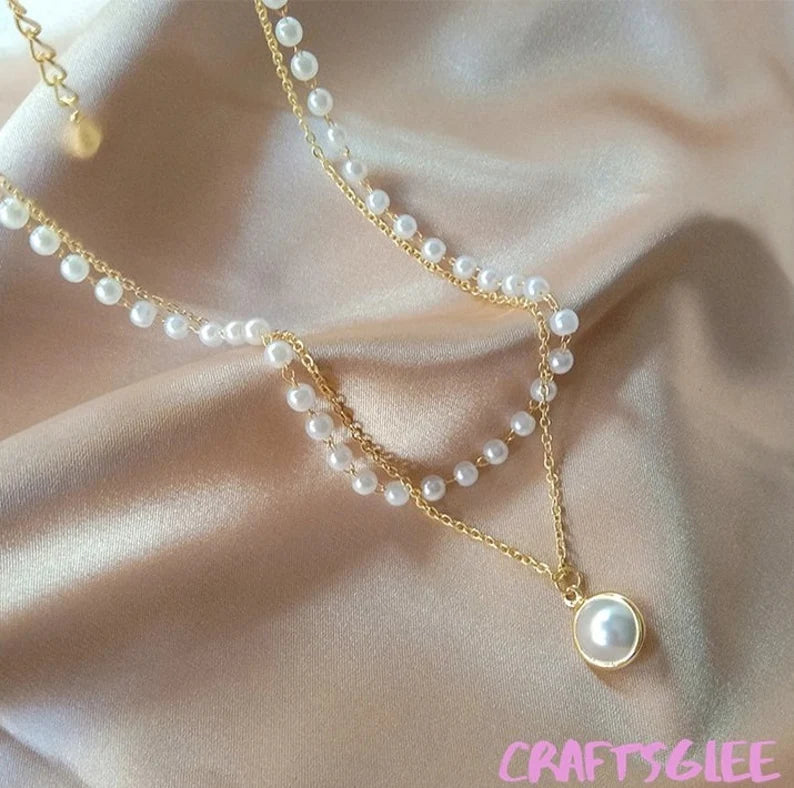 Double layer handmade pearl Necklace with Stunning Stone Earing Set