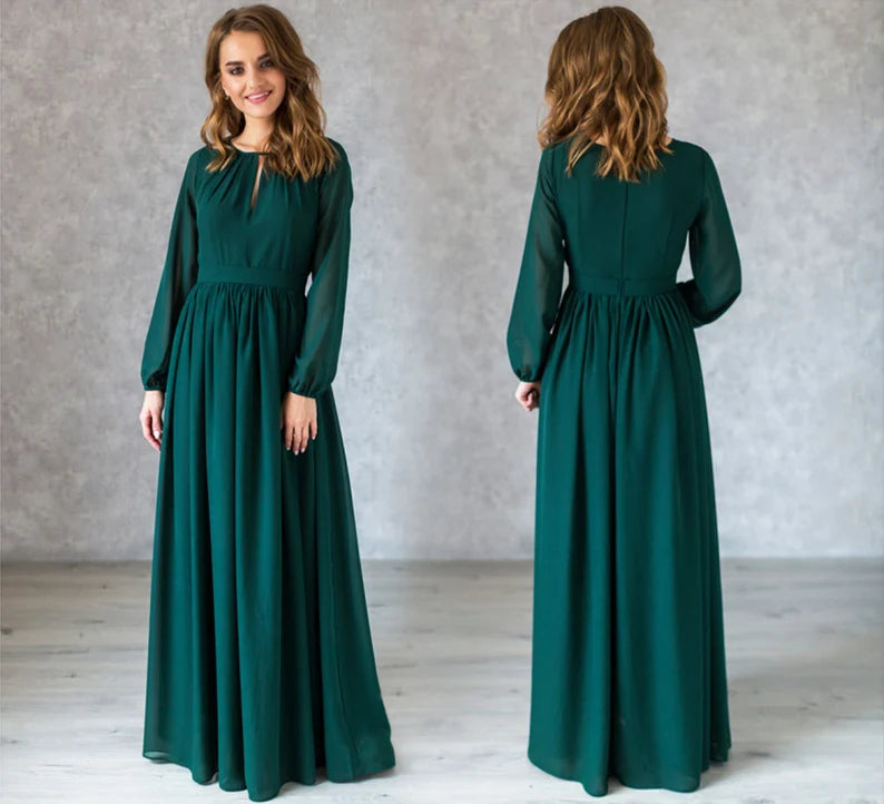 Flowy Emerald Long Sleeves Chiffon Dress