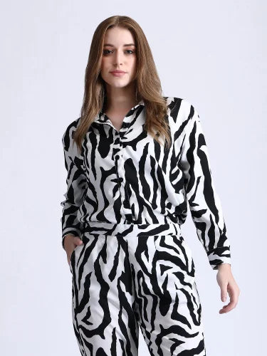 Women Crepe Black & White Zebra Print Cord Set